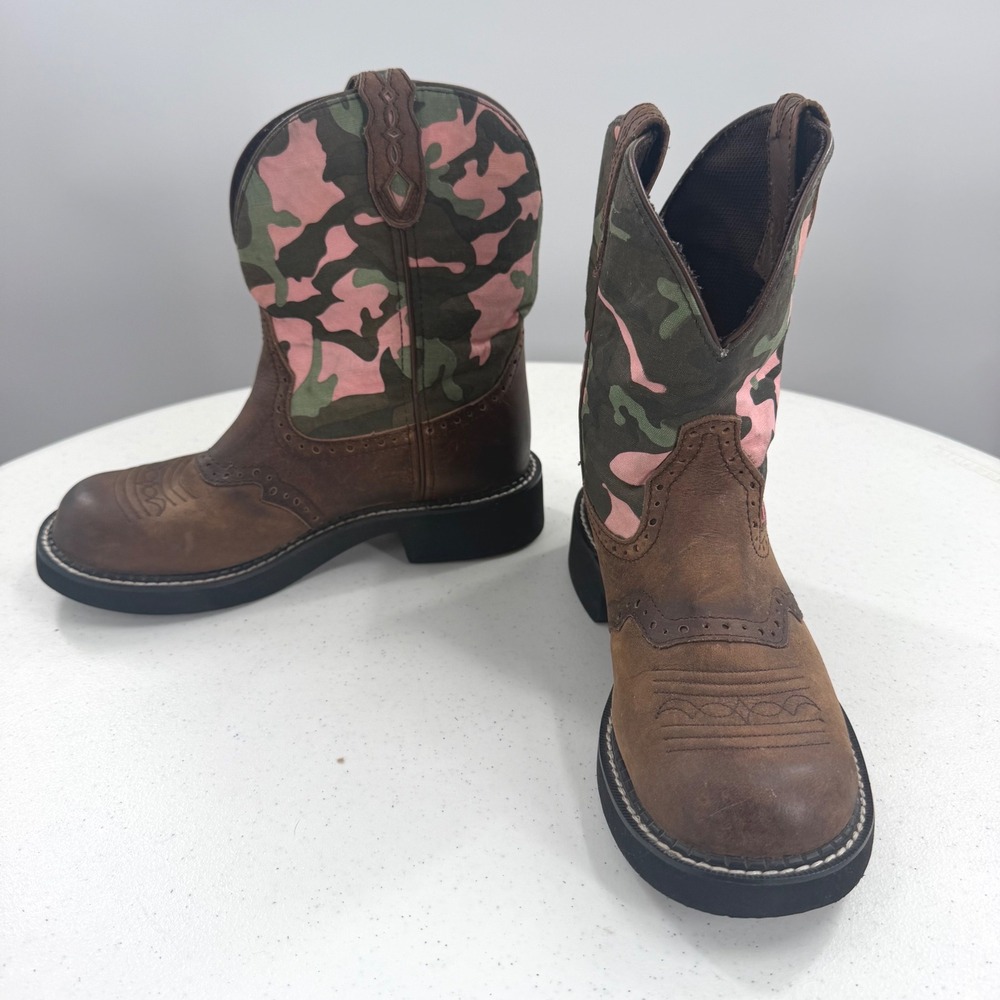 Justin Gypsy Cowgirl Boots Brown Leather Pink Camo L9913 Womens 7B Round Toe - Picture 5 of 9